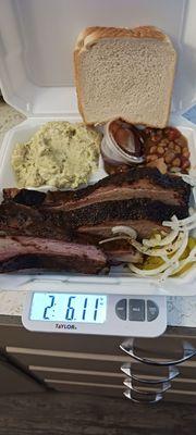 Brisket and Rib Plate with homemade potato salad and smoked beans