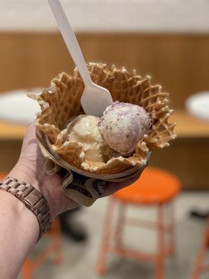 Gooey Butter Cake on the bottom and Brambleberry Crisp on top. Waffle bowl a must.