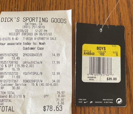 Proof of the original tag of $35 and receipt of how the sales associate jacked the price up to $40 before applying the 15% off coupon.