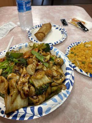 71. Hunan Chicken with fried rice and 11. Egg Roll