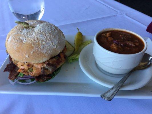 Salmon & Crab Burger w/chicken minestrone soup for my side! Very good!