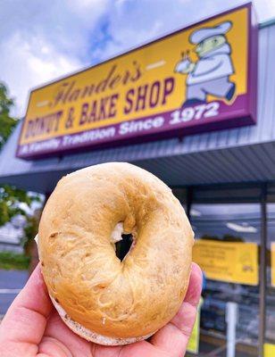 Onion bagel with plain cream cheese