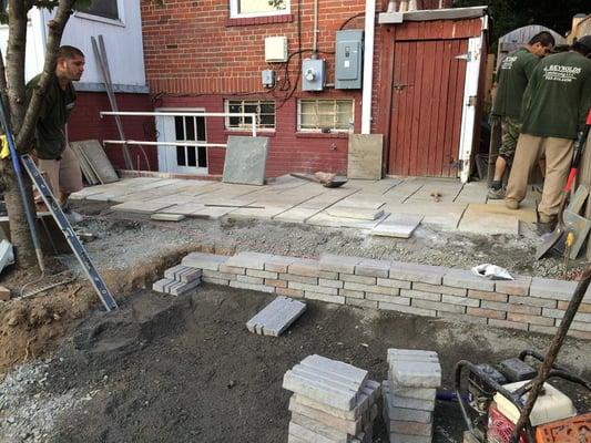 Construction phase of a two tier patio system.