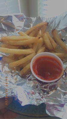 French Fries are crispy and delicious with their very own seasoning. I ate some before I took the pic. It's a very generous portion.