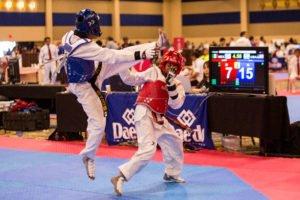 Jerico San Augustin from Kiffmann Taekwondo landing Jump Ax kick against Mexican National team for Gold at 2016 World President's Cup