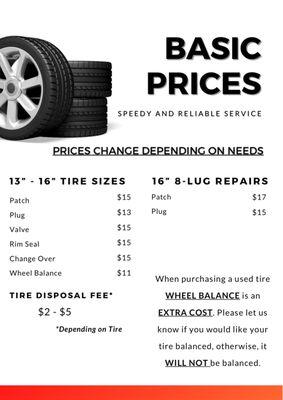 Our current base prices. Prices change depending on needs.