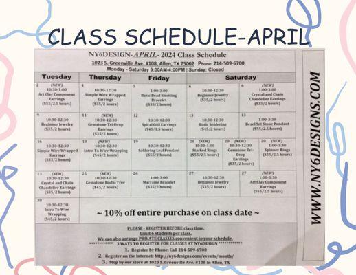 April class schedule is ready!  Visit www.ny6design.com/event for class samples pictures and registration.