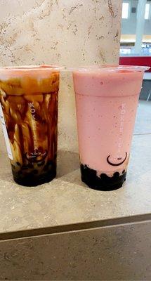 (Left) can't remember either brown sugar milk tea with boba , (Right) is a Strawberry banana smoothie with boba