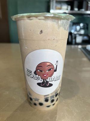 Frosted Okinawa Milk Tea w/ Brown Sugar Boba & Lychee Jelly