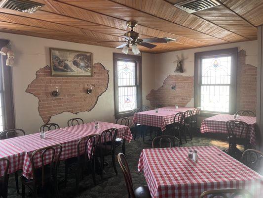 Upstairs dining room with stained glass