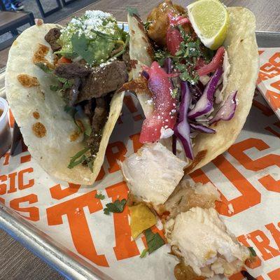 Steak Taco & Fish Taco For Scale, these are 6" tortillas Mahi Mahi was fried and perfect with the real fish flakeyness.