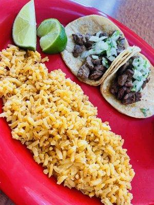 Carne asada street tacos; side of rice