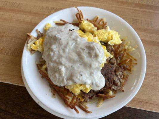 No dieting zone: Sausage, egg, hash brown, cheese bowl with gravy!