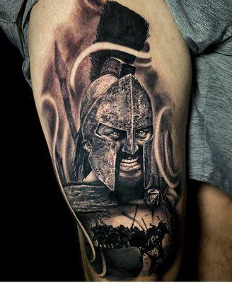 Black and Gray Leg Tattoo done by Seke