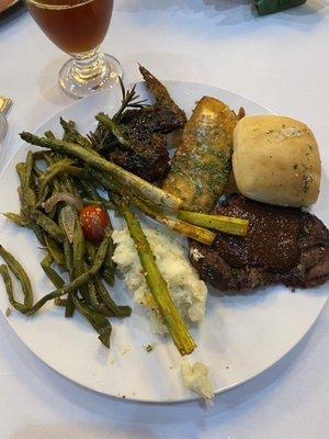 Grilled Ribeye, Lemon Butter Salmon, Herb Roasted Chicken, Garlic Mashed Potatoes, Green Beans and Asparagus