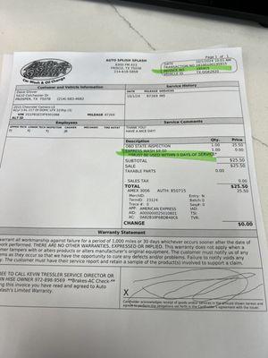 Paid receipt from my completed past inspection