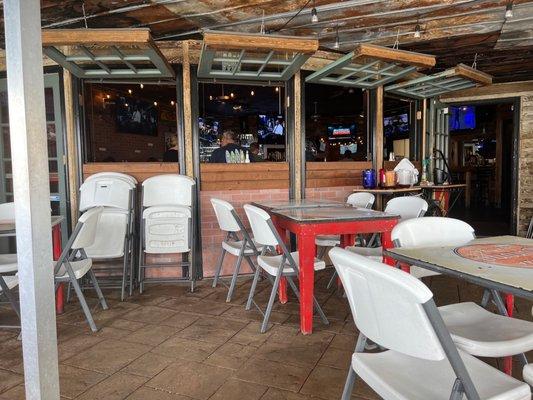 View from the outdoor patio seating into the restaurant.