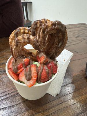 Pistachio ice cream, chocolate drizzle, strawberries and the churros