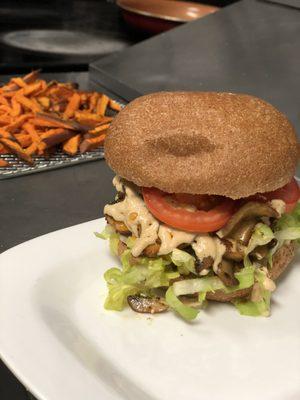 Organic Vegan Black Bean Burger with Nacho Cheese (on Non-GMO Sprouted Grain Bun) and Sweet Potato Fries