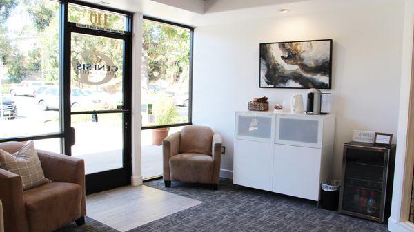 Main lobby area with complimentary coffee bar