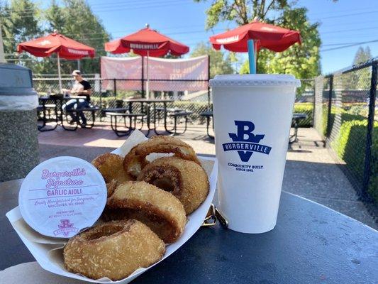 Walla Walla Onion Rings  and Oregon Strawberry   Lemonade on outside patio