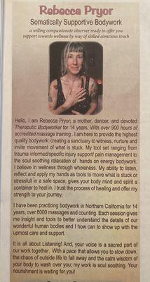 My bio on page 48 of the 18th annual humboldt 
"Healing Arts Guide"
Your access to our holistic community