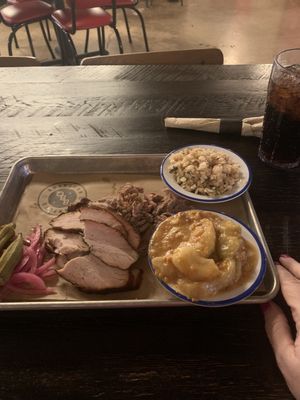 Smoked pork, smoked turkey, red slaw and cheesy apples