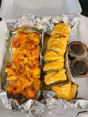 Baked Lobster Roll (left); Baked Salmon Roll (right)--both delish!!