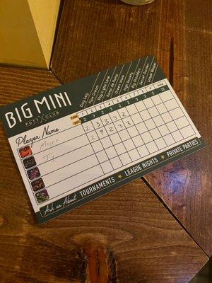 Mini golf score card