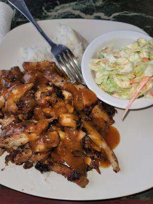 Chicken teriyaki with coleslaw. Not Seattle style.