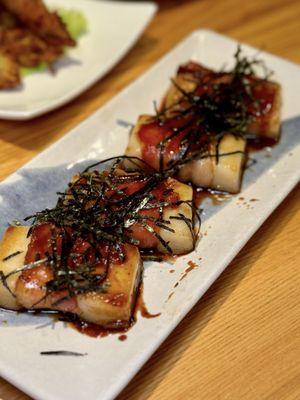 Bacon mochi - grilled bacon-wropped mochi with teriyaki sauce