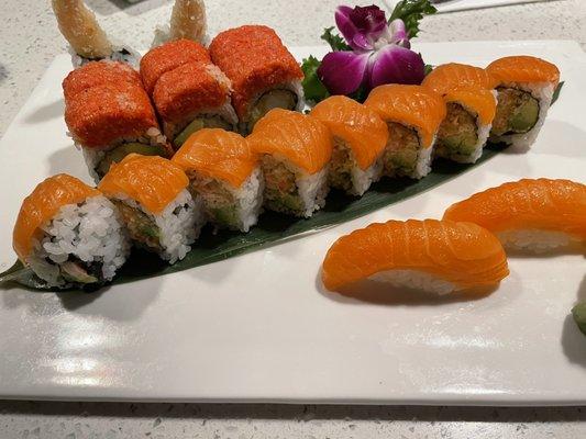 Salmon sushi and 2 special request rolls