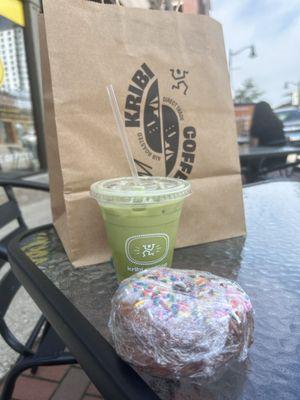 Iced Matcha Latte with oat milk Do-Rite gluten free sprinkles donut (weekends only)