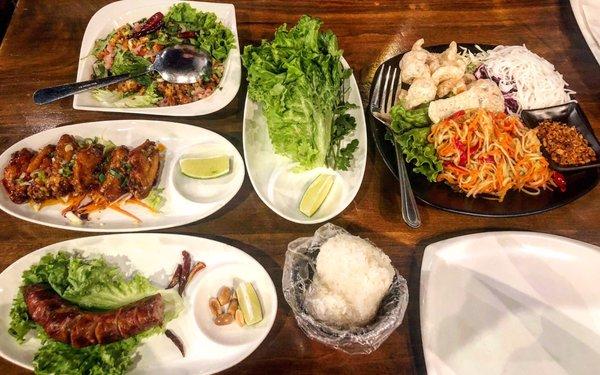 Nam Khao, Angel Wings, Laos sausage & Laos Papaya Salad