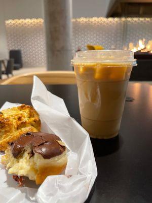 Donut and almond milk latte