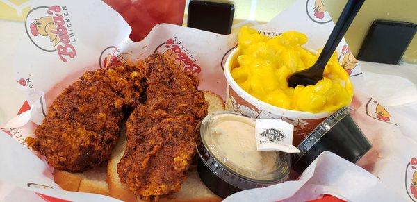 Tenders with Medium spice have a kick and the macncheese is creamy goodness! $11