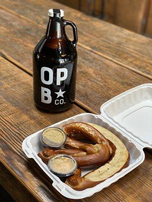 Growler of the Barley Wine and Giant Soft Pretzel to go