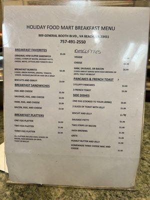 Breakfast menu