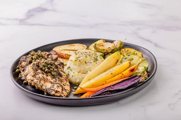 chicken piccata, roasted vegetables and mashed potatoes.