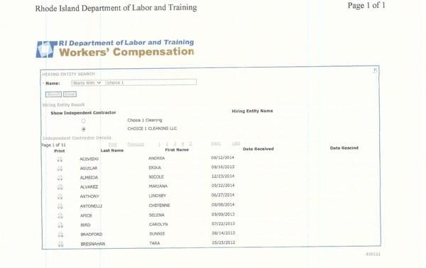 Proof that Choice 1 Cleaning employs independent contractors to avoid workers comp insurance and payroll taxes on his workers.