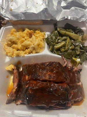 Ribs Plate with Mac and cheese and collards.