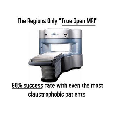 The Regions only "True Open MRI" with a success rate of 98% with even the most claustrophobic patients.