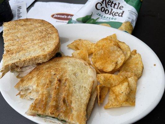 Chicken panini with Jalapeño kettle chips