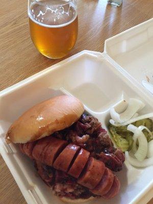 Featured: the Orange Peel Feels double IPA and the chopped brisket sausage sandwich with onions and pickles.