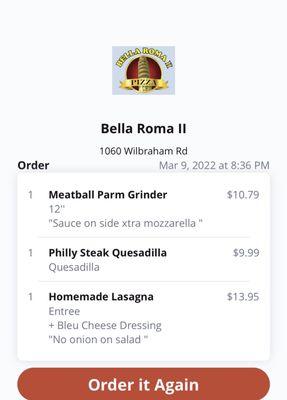 Order from Slice app placed for Bella Roma 2 in March 2022