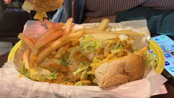 Shrimp Po Boy sandwich with Fries