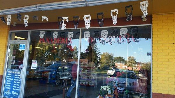 Outside of the bakery- all decorated for Día de los Muertos.