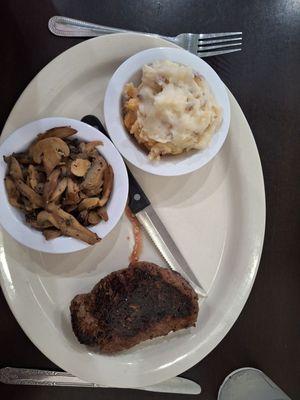 Sirloin, 8 oz, mashed potatoes, mushrooms