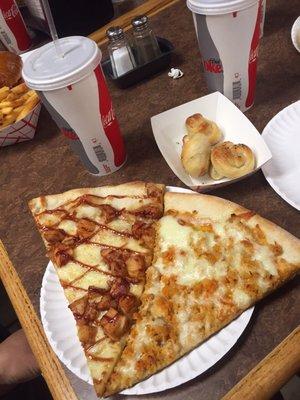 BBQ chicken pizza, buffalo chicken pizza and garlic knots