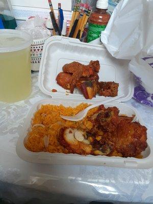 1. Fried yellow rice
 
 2.1/2 chicken
 
 3. Large homemade lemonade
 
 In total, $9.00 ONLY CASH, NO CARDS ACCEPTABLE.